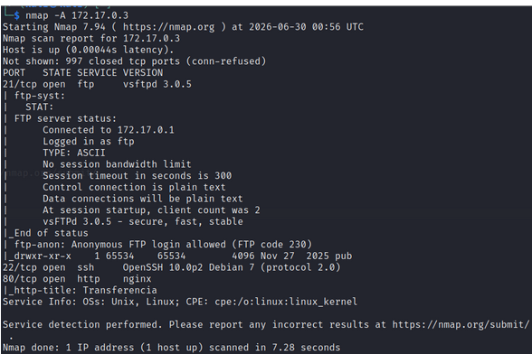 nmap -A — confirma FTP anónimo habilitado