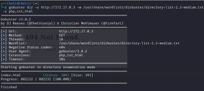 Gobuster — solo index.html, sin superficie adicional