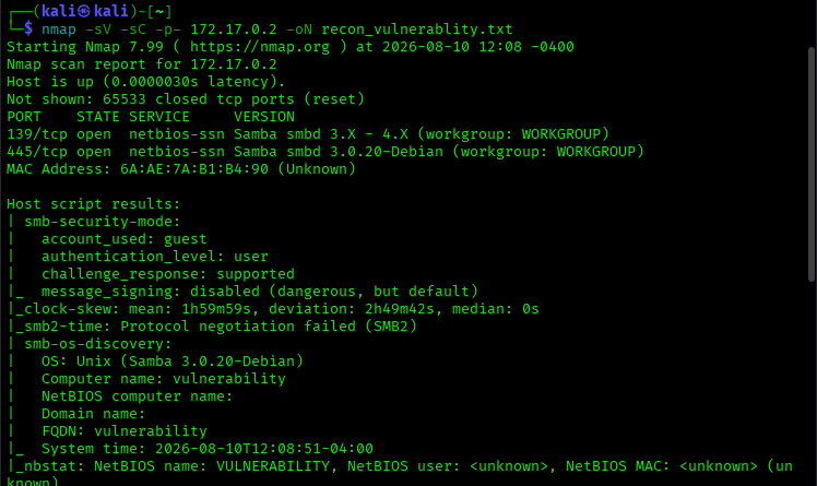 nmap -sV -sC -p- — Samba 3.0.20-Debian identificado